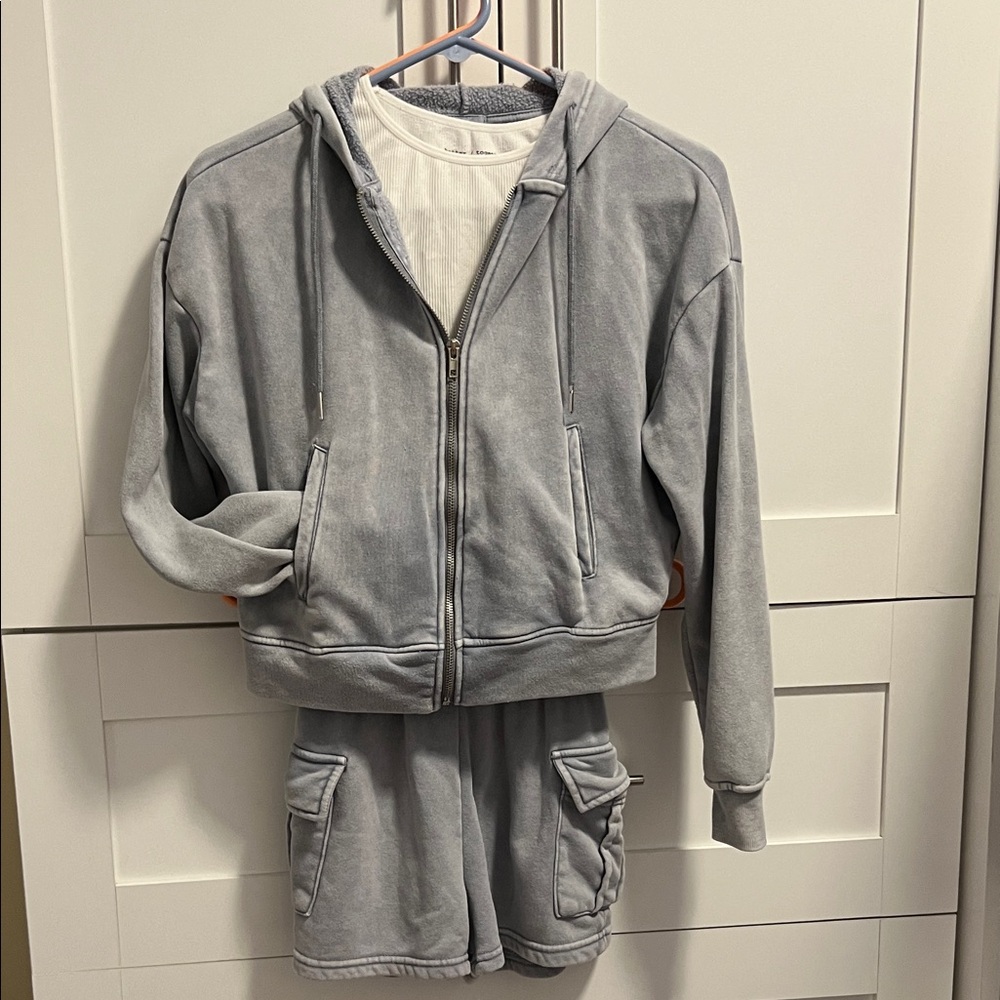 Gray Hoodie and Shorts Set with White Tee